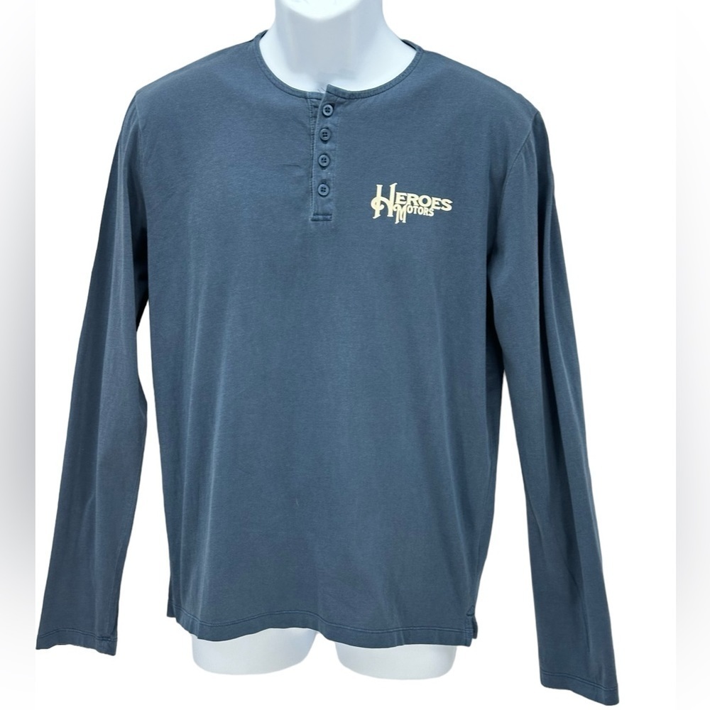 Heroes Motor Long Sleeve Graphic Tee Henley Shirt - Blue - size Medium